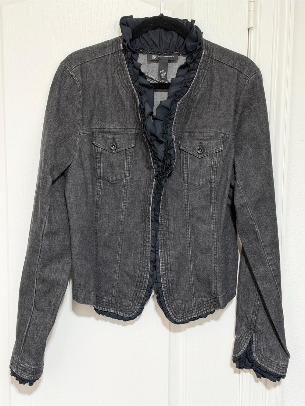 INC International Concepts Black Denim Ruffle-Trim Jacket